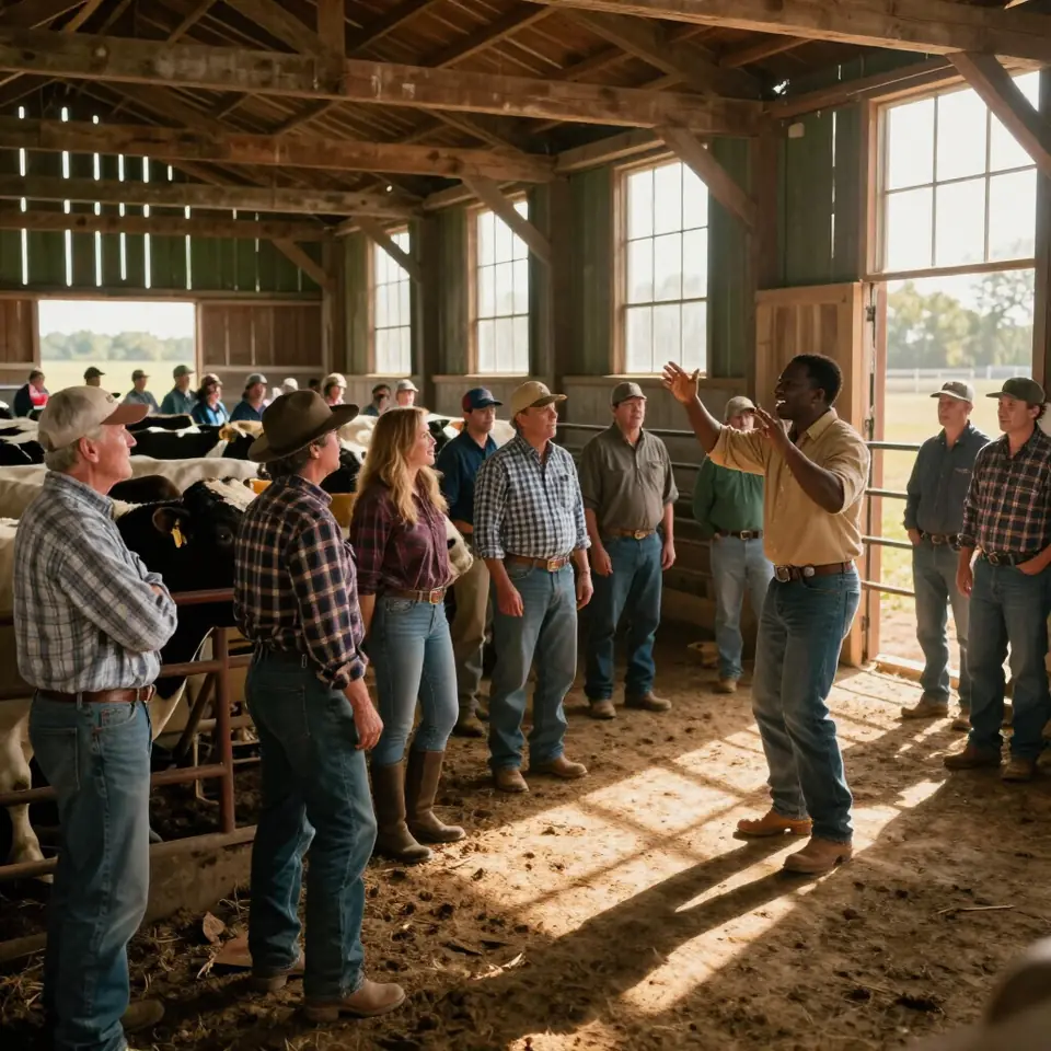 Farmers gathered at a barn sale