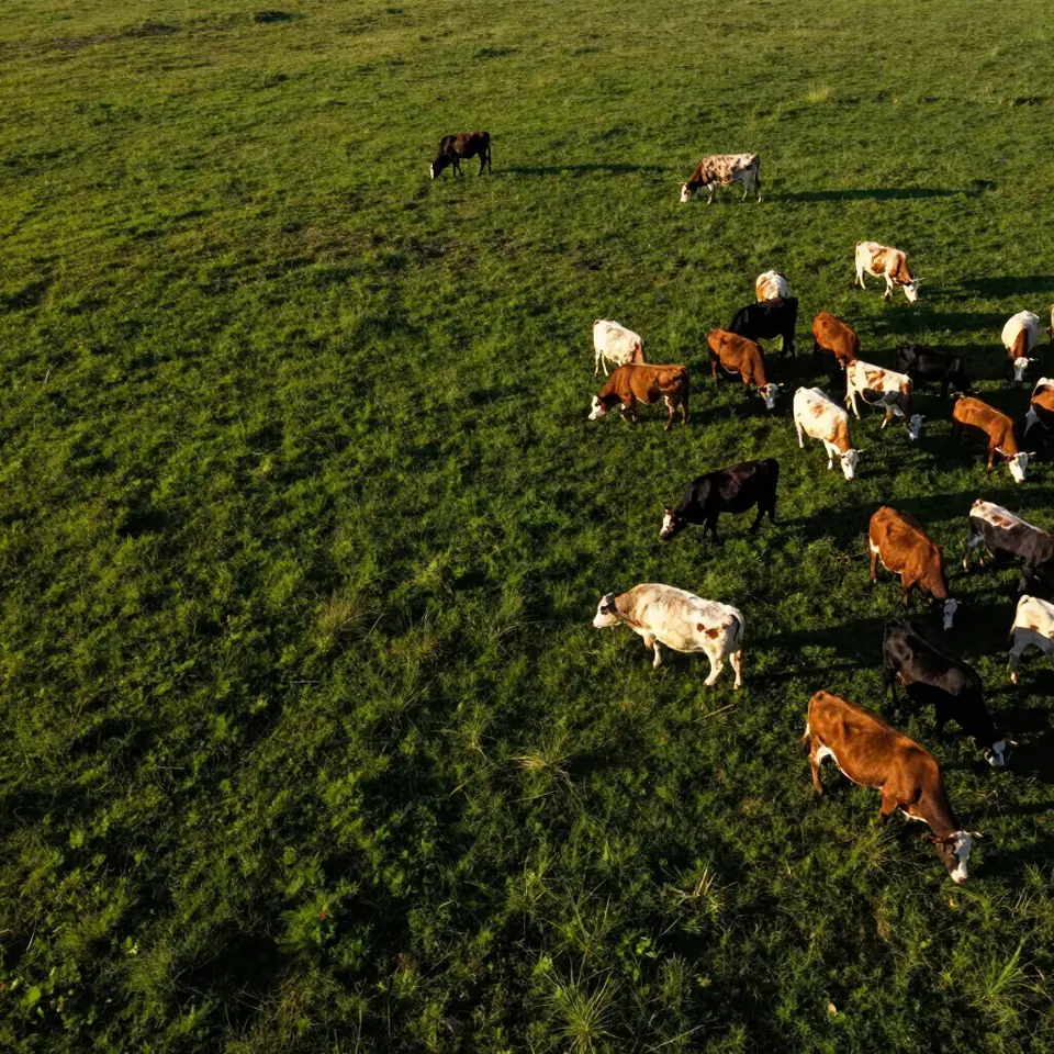 Cattle grazing on green pasture, seen from above