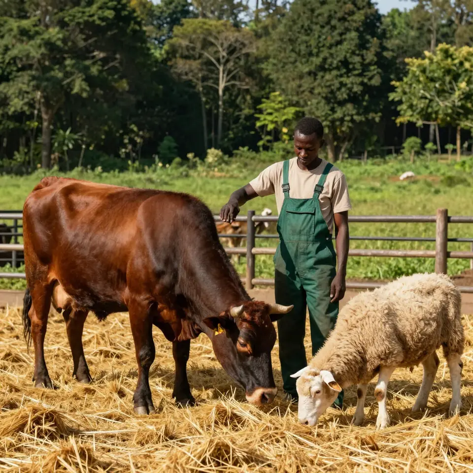 A farmer in overalls feeding hay to a cow and a sheep in a timber-railed yard