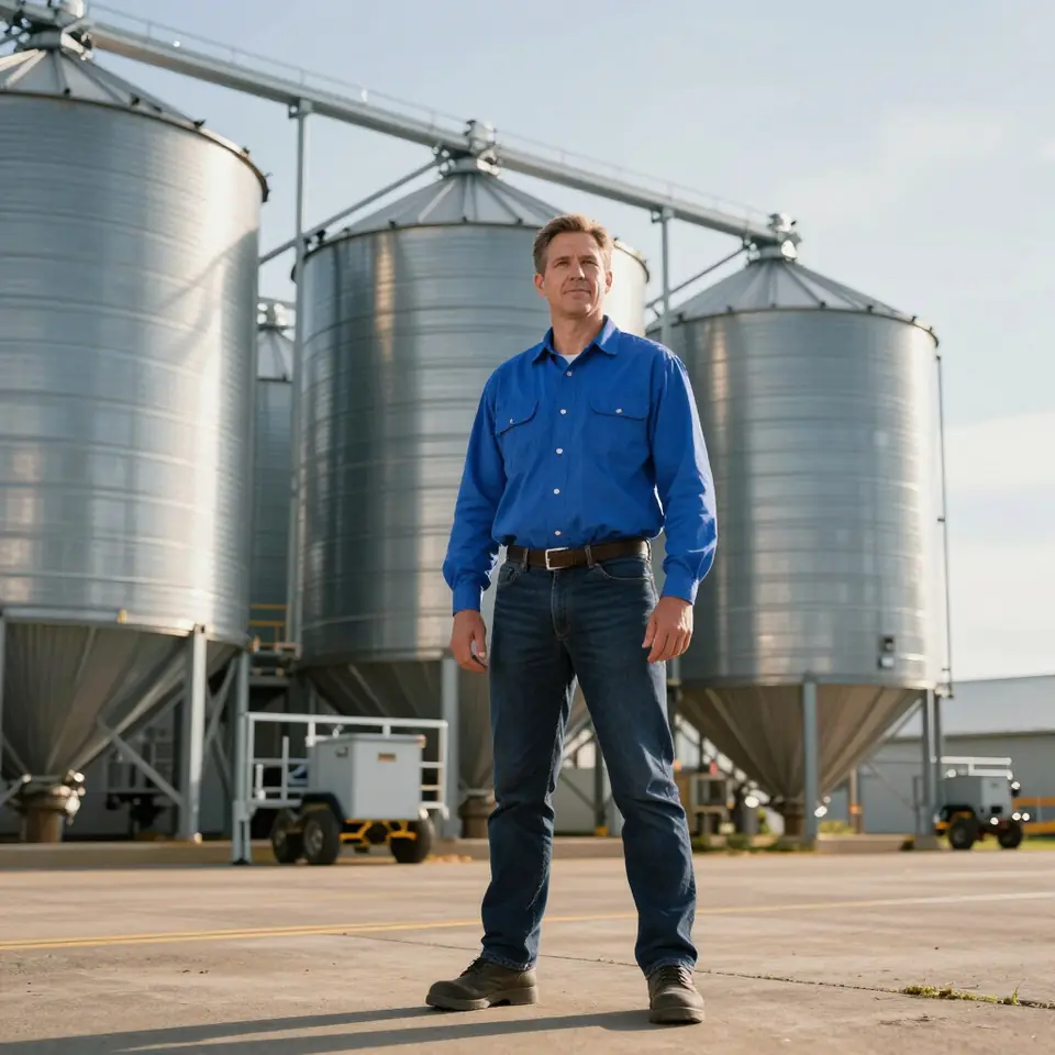 A man standing in front of a row of steel grain silos with hopper bottoms