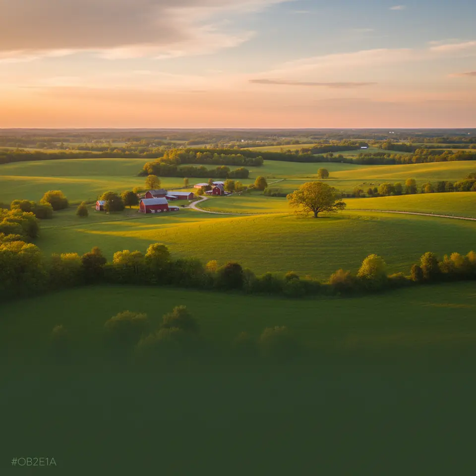 Rolling green farmland with red barns at sunset