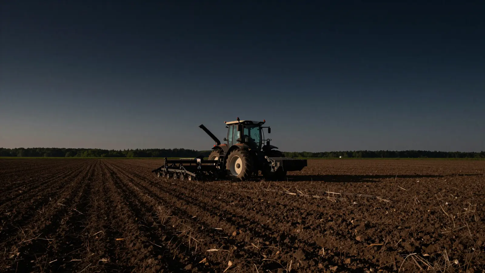 A tractor working a field at dusk