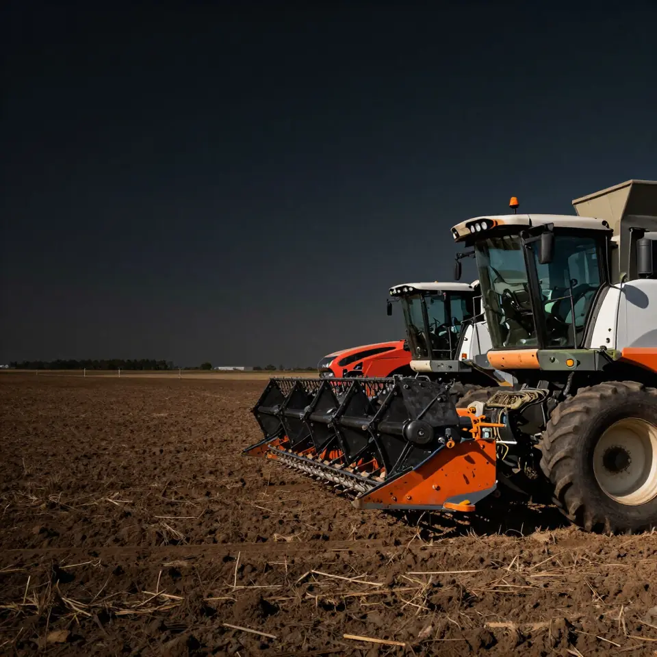A tractor with a wide implement working a dark, freshly worked field