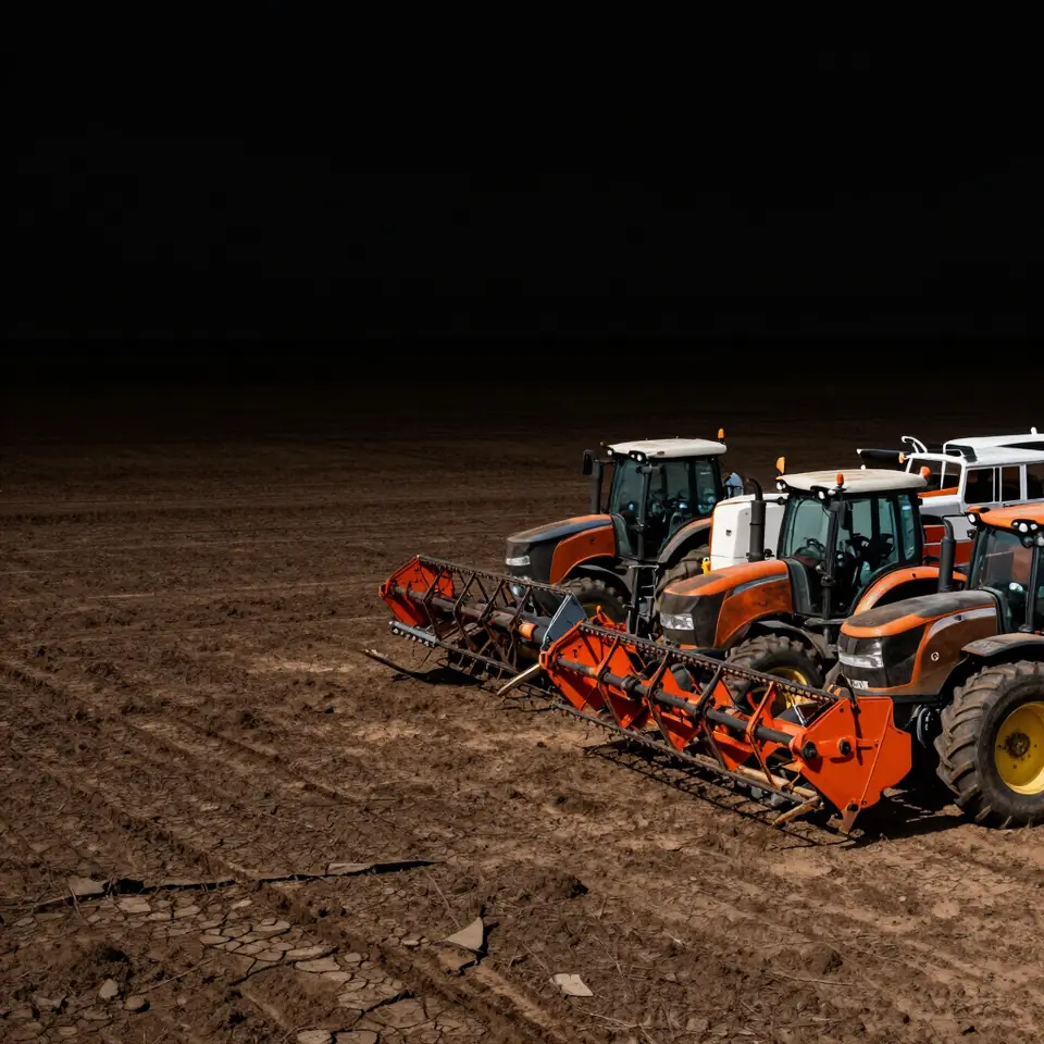 A row of tractors lined up on a dealer's lot